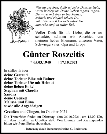 Traueranzeige von Günter Roszeitis