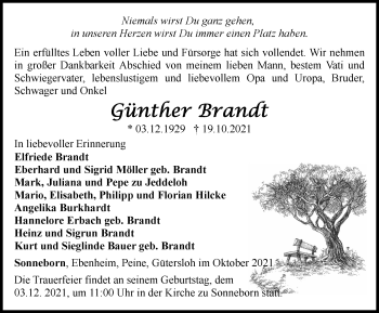 Traueranzeige von Günther Brandt von Thüringer Allgemeine, Thüringische Landeszeitung