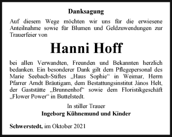 Traueranzeige von Hanni Hoff von Thüringer Allgemeine, Thüringische Landeszeitung