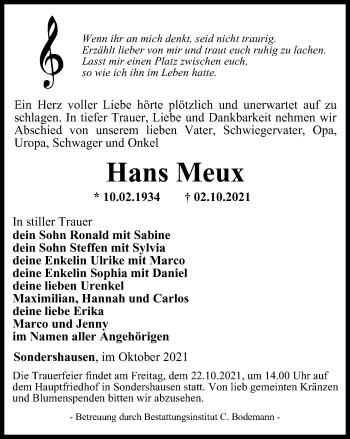 Traueranzeige von Hans Meux