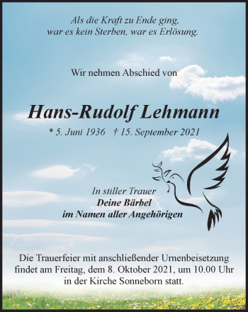 Traueranzeige von Hans-Rudolf Lehmann von Thüringer Allgemeine, Thüringische Landeszeitung