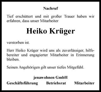 Traueranzeige von Heiko Krüger von Ostthüringer Zeitung, Thüringische Landeszeitung