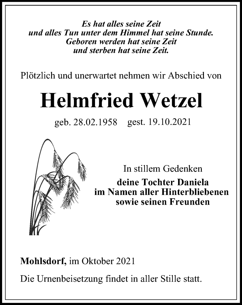  Traueranzeige für Helmfried Wetzel vom 29.10.2021 aus Ostthüringer Zeitung