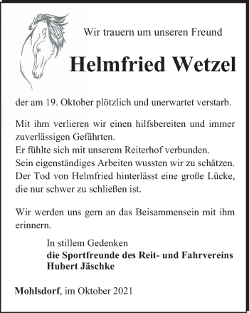 Traueranzeige von Helmfried Wetzel von Ostthüringer Zeitung