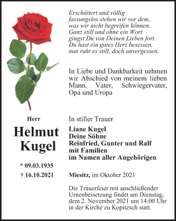 Traueranzeige von Helmut Kugel