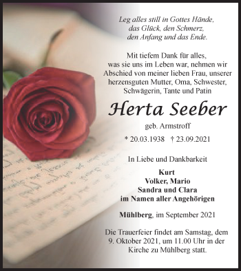 Traueranzeige von Herta Seeber von Thüringer Allgemeine, Thüringische Landeszeitung