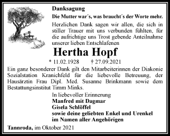 Traueranzeige von Hertha Hopf