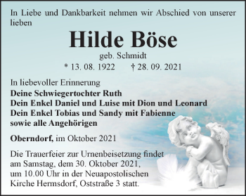 Traueranzeige von Hilde Böse von Ostthüringer Zeitung