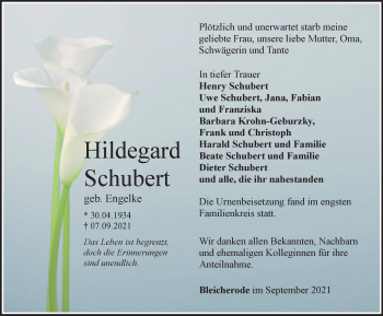 Traueranzeige von Hildegard Schubert von Thüringer Allgemeine