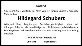 Traueranzeige von Hildegard Schubert von Thüringer Allgemeine