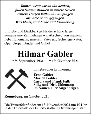 Traueranzeige von Hilmar Gabler von Ostthüringer Zeitung