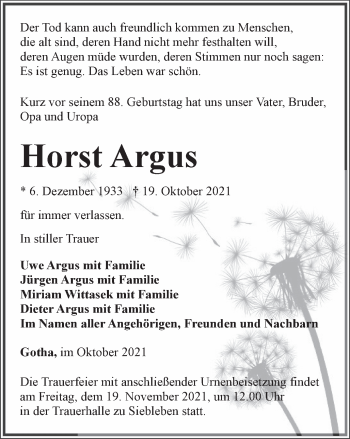 Traueranzeige von Horst Argus