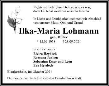 Traueranzeige von Ilka-Maria Lohmann