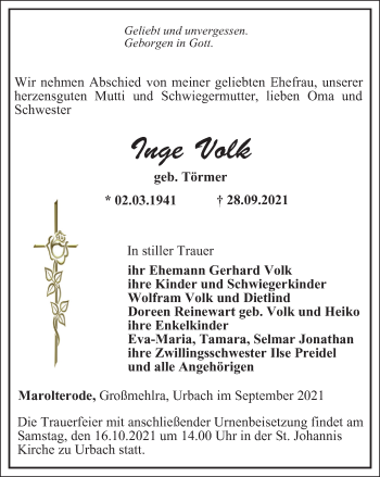Traueranzeige von Inge Volk von Thüringer Allgemeine, Thüringische Landeszeitung