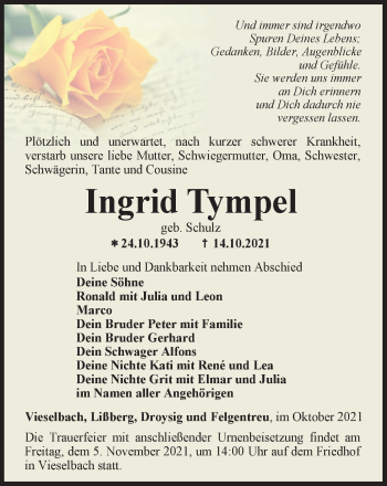 Traueranzeige von Ingrid Tympel von Thüringer Allgemeine, Thüringische Landeszeitung