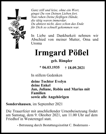 Traueranzeige von Irmgard Pößel