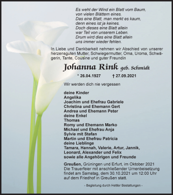 Traueranzeige von Johanna Rink von Thüringer Allgemeine