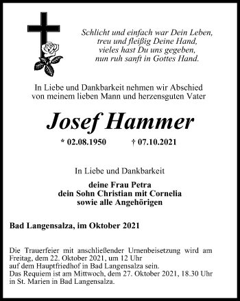 Traueranzeige von Josef Hammer von Thüringer Allgemeine, Thüringische Landeszeitung