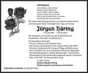 Traueranzeige von Jürgen Häring von Thüringer Allgemeine