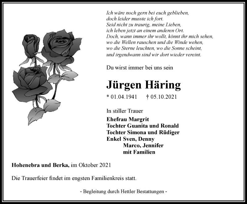  Traueranzeige für Jürgen Häring vom 09.10.2021 aus Thüringer Allgemeine