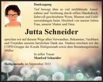 Traueranzeige von Jutta Schneider von Thüringer Allgemeine
