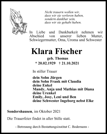 Traueranzeige von Klara Fischer