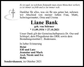 Traueranzeige von Liane Bank