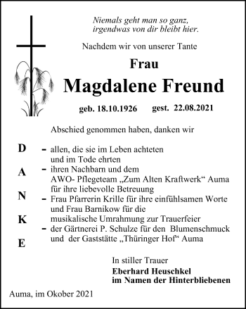 Traueranzeige von Magdalene Freund von Ostthüringer Zeitung