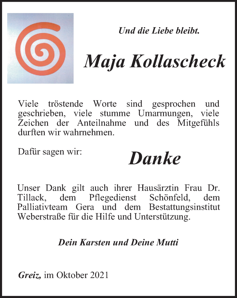  Traueranzeige für Maja Kollascheck vom 09.10.2021 aus Ostthüringer Zeitung