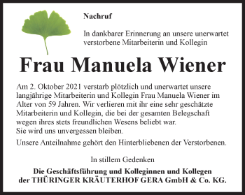 Traueranzeige von Manuela Wiener von Ostthüringer Zeitung, Thüringische Landeszeitung