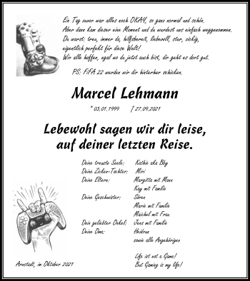 Traueranzeige von Marcel Lehmann von Thüringer Allgemeine