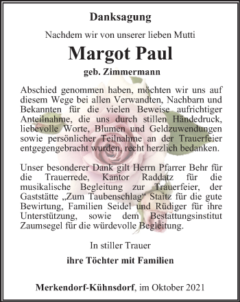 Traueranzeige von Margot Paul von Ostthüringer Zeitung