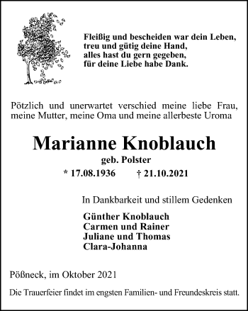 Traueranzeige von Marianne Knoblauch von Ostthüringer Zeitung