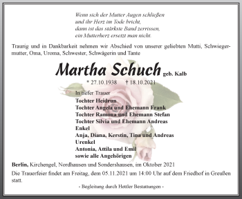 Traueranzeige von Martha Schuch von Thüringer Allgemeine