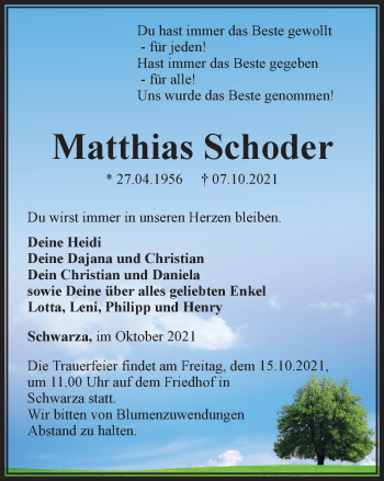 Traueranzeige von Matthias Schoder von Thüringer Allgemeine, Thüringische Landeszeitung