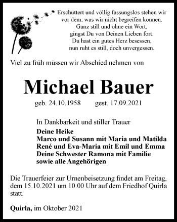 Traueranzeige von Michael Bauer von Ostthüringer Zeitung