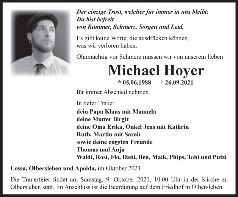  Traueranzeige für Michael Hoyer vom 02.10.2021 aus Thüringer Allgemeine, Thüringische Landeszeitung
