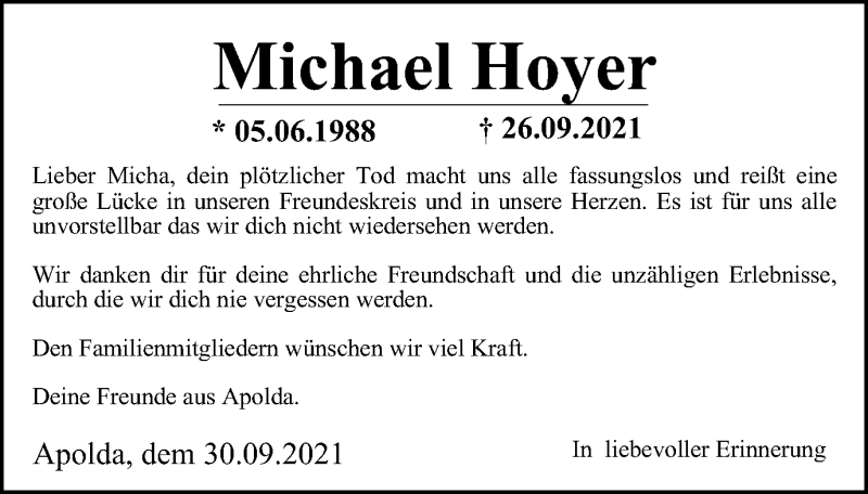  Traueranzeige für Michael Hoyer vom 05.10.2021 aus Thüringer Allgemeine