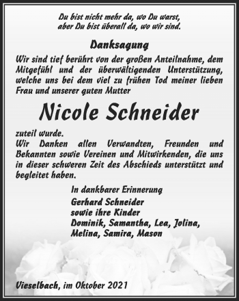 Traueranzeige von Nicole Schneider von Thüringer Allgemeine, Thüringische Landeszeitung