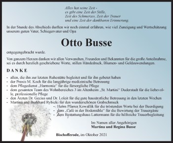 Traueranzeige von Otto Busse von Thüringer Allgemeine