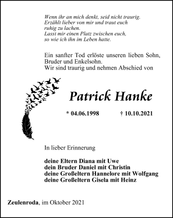 Traueranzeige von Patrick Hanke von Ostthüringer Zeitung