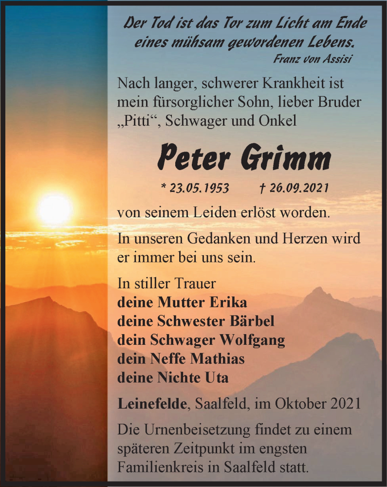  Traueranzeige für Peter Grimm vom 07.10.2021 aus Thüringer Allgemeine