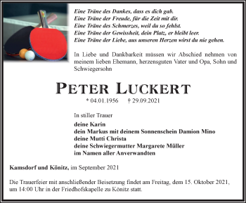 Traueranzeige von Peter Luckert von Ostthüringer Zeitung