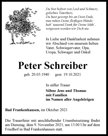 Traueranzeige von Peter Schreiber von Thüringer Allgemeine