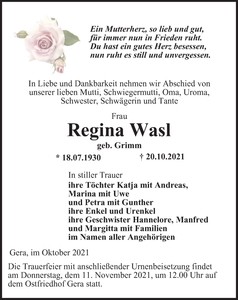  Traueranzeige für Regina Wasl vom 30.10.2021 aus Ostthüringer Zeitung