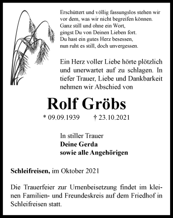 Traueranzeige von Rolf Gröbs von Ostthüringer Zeitung