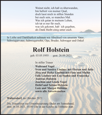 Traueranzeige von Rolf Holstein von Ostthüringer Zeitung