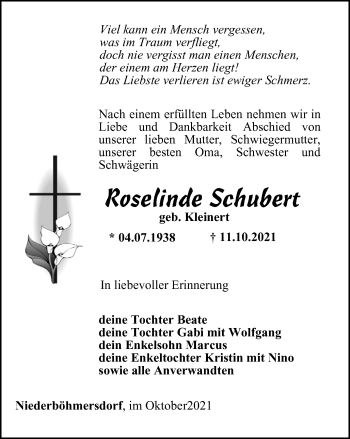 Traueranzeige von Roselinde Schubert von Ostthüringer Zeitung