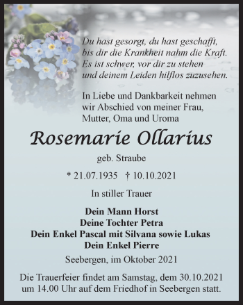 Traueranzeige von Rosemarie Ollarius von Thüringer Allgemeine, Thüringische Landeszeitung