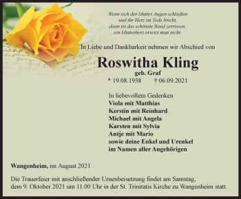 Traueranzeige von Roswitha Kling von Thüringer Allgemeine, Thüringische Landeszeitung